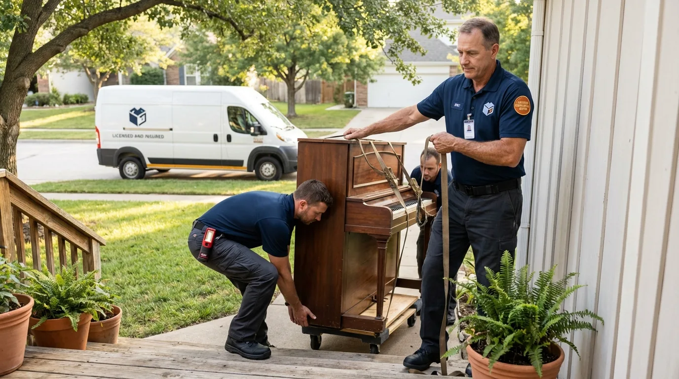 Licensed piano movers securing grand piano in Rockdale, TX