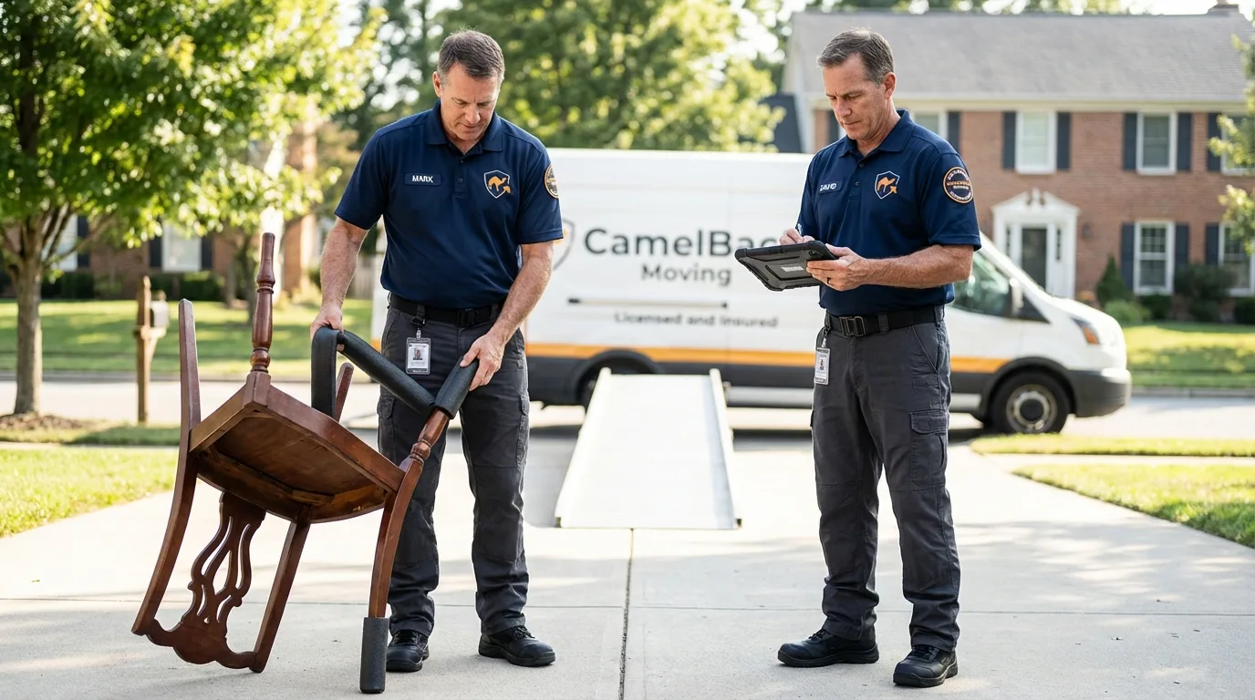 Movers inspecting furniture for damage prevention before loading in Rockdale, TX