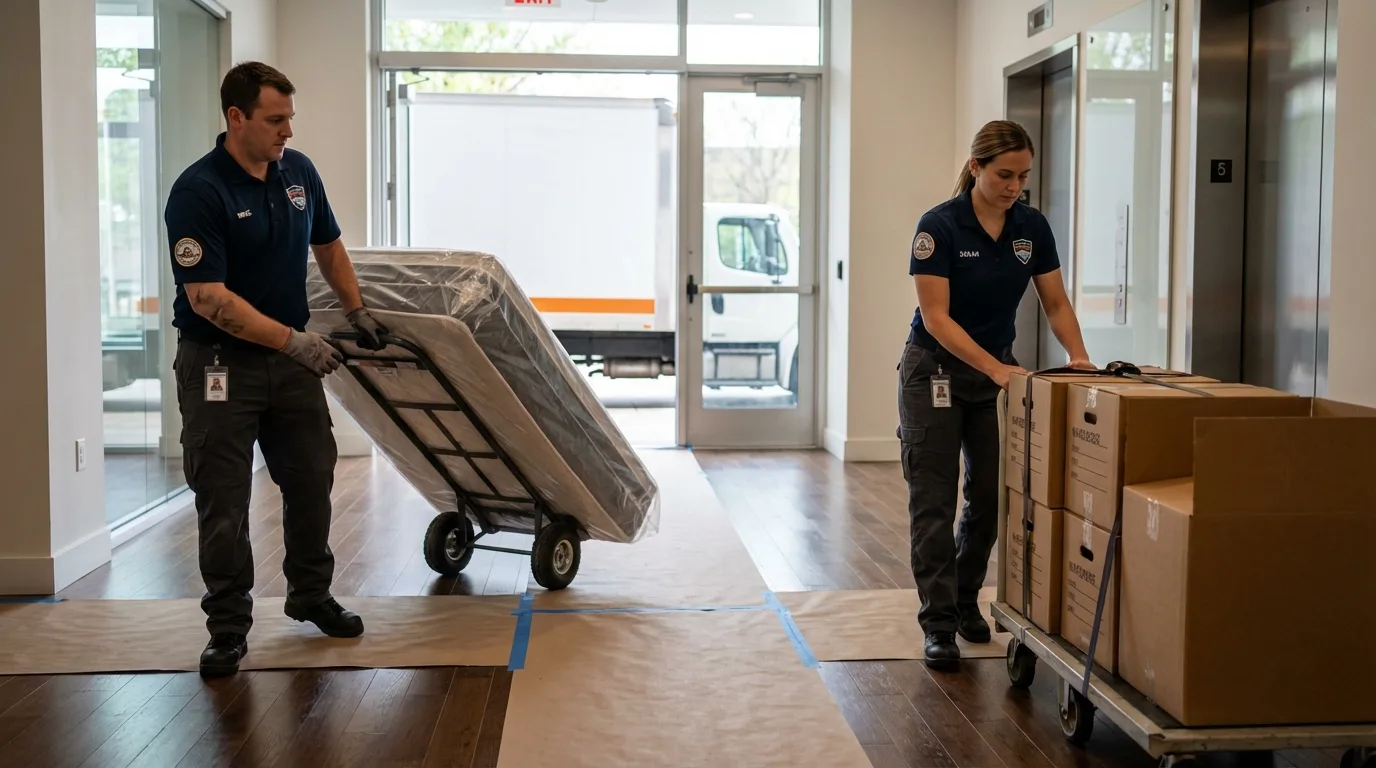 Professional apartment movers loading elevator in Rockdale, TX