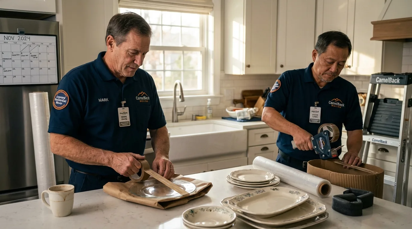 Professional crew packing kitchen dishware in Rockdale, TX